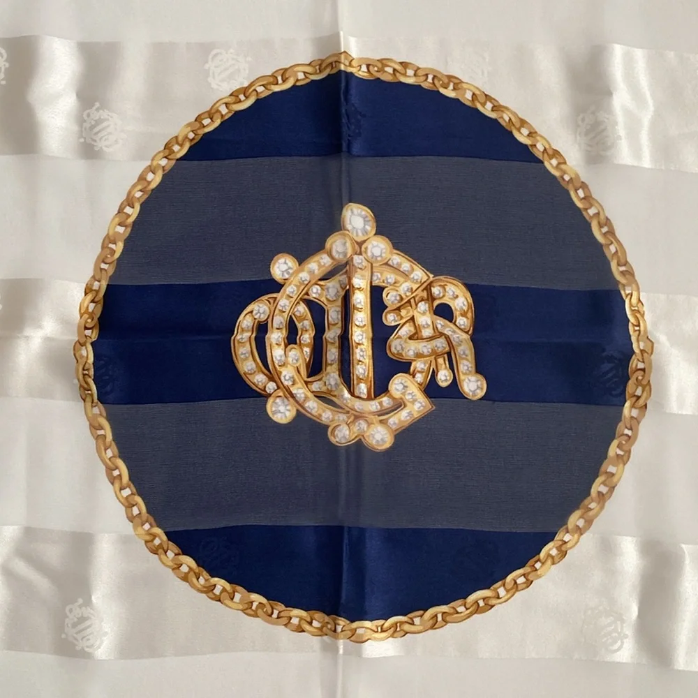 Christian Dior 100% silk scarf. Deep rich, navy blue gold cream color 34 x34